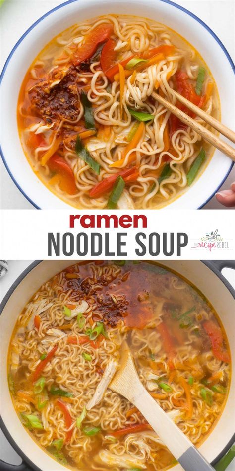 Ramen Noodle Soup is made with instant ramen noodles and tender shredded chicken cooked in chicken broth, seasoned with fresh garlic, ginger, and chili flakes! It's packed with a ton of flavor that will have you coming back for more. #soup #dinner #recipe | soup recipe | ramen recipe | ramen noodles | chicken ramen | chicken noodle soup | asian chicken soup | comfort food | easy dinner recipes Kimchi Noodle Soup Ramen Recipes, Homemade Easy Ramen, Recipes With Broth Meals, Restaurant Ramen Recipe, Soup Recipes 30 Minutes, Homemade Ramen Noodle Soup, Healthy Ramen Noodle Soup Recipes, Ww Ramen Noodle Recipes, Chicken Ramen Recipes Soups