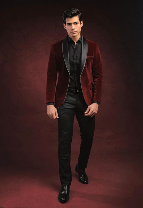 Maroon Velvet Suit Men, Red Velvet Jacket Mens, Men’s Red Suit, Red And Black Suit For Men, Red Velvet Suit Mens, Black And Maroon Suit, Red Tuxedo For Men, Dark Red Tuxedo, Red Suit Jacket Mens