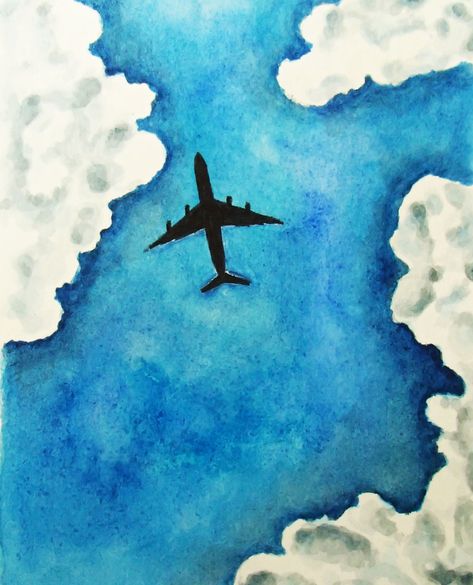 Watercolor sky Clouds Plane Plane In Sky Painting, Painting Ideas On Canvas Airplane, Plane Watercolor Painting, Airplane Watercolor Painting, Plane Painting Easy, Air Plane Painting, Plane Painting Canvas Airplane Art, Airplane Painting Easy, Scenery Watercolor Paintings