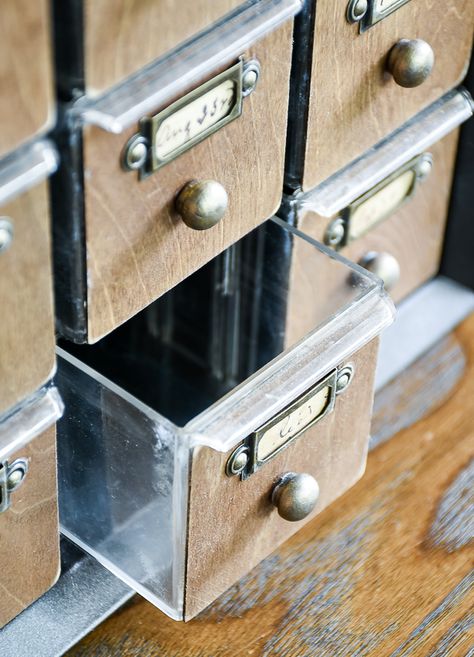 WOW, this makeover is awesome! Learn how to make a faux card catalog from a hardware organizer. #cardcatalog #vintage #tutorial Diy Acrylic Storage, Diy Card Catalog Cabinet, Vintage Craft Room Organization, Vintage Desk Organization, Vintage Craft Room Ideas, Baseball Card Storage Ideas, Card Catalog Repurposed, Business Card Organization, Hardware Storage Ideas