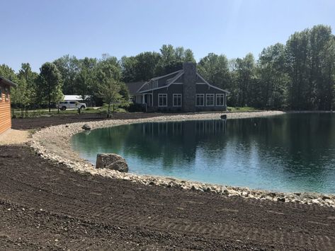 Big Fish Ponds Backyard, Farm Pond Ideas Large, Large Natural Pond Landscaping, Pond With Island In Middle, Large Man Made Pond, Large Pond Landscaping Ideas, Big Pond Ideas, Man Made Pond In Backyard, Large Pond Ideas