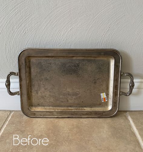 Old Silver Trays Ideas, What To Do With Silver Plated Trays, Repurposed Silver Trays, Painting Silver Plated Items Diy, Silver Tray Makeover, Silver Tray Repurpose, Metal Tray Makeover, Metal Tray Decor Ideas, Silver Trays Decor Ideas