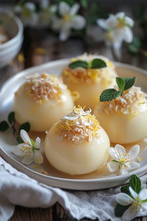 Four delicate desserts topped with shredded coconut, lemon zest, and mint leaves, garnished with white blossoms.