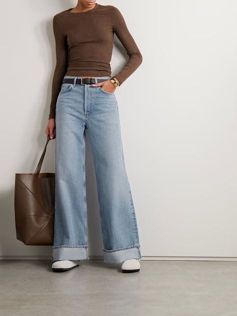 AGOLDE Dame high-rise wide-leg jeans | NET-A-PORTER Light Blue Jeans Outfit, Wide Leg Jeans Outfit, Jeans Outfit Winter, Blue Jean Outfits, High Rise Wide Leg Jeans, Jean Large, Light Jeans, Winter Jeans, Fitted Tee