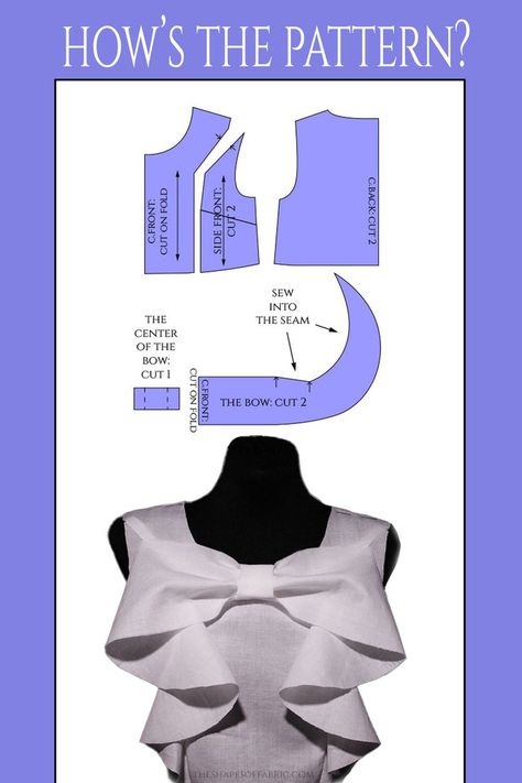 How to draft a pattern for a bow top. More detailed instructions and other bow-themed designs at the link. Teaching Sewing, Clothing Pattern Design, Pattern Draping, Fashion Design Books, Free Pdf Sewing Patterns, Bodice Pattern, Patterns Fashion, Bow Top, Diy Sewing Clothes