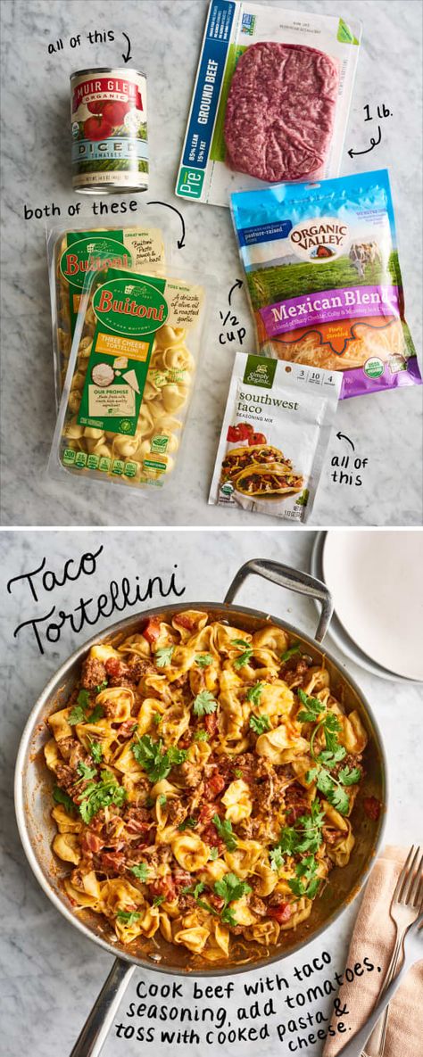 Enchilada Tortellini Casserole, Easy Cockpit Meals, 1 Bag 5 Dinners, Tortellini Meals, Lazy Mom Dinners, Taco Tortellini, Easy Tortellini Recipes, Easy Tortellini, Cheese Tortellini Recipes