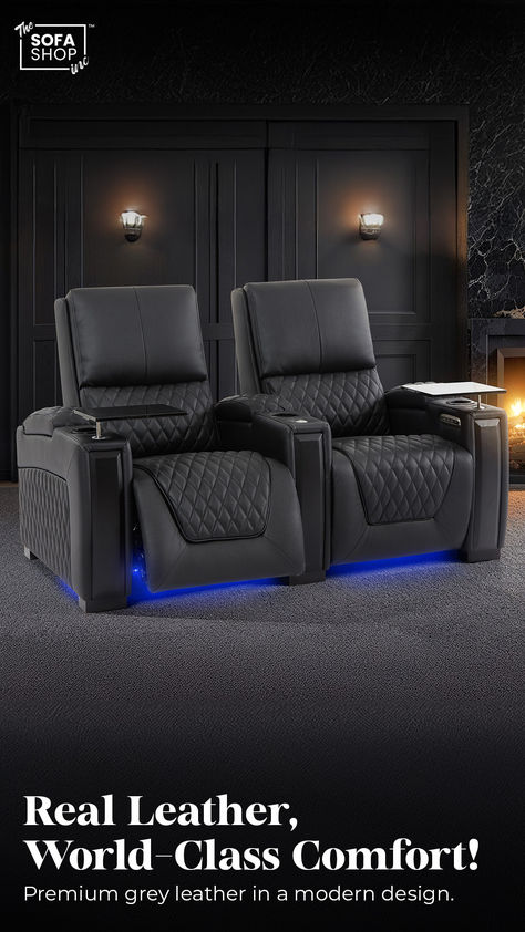 2 Seat Electric Recliner Home Cinema Theatre Sofa | Genuine Leather Couch in Black + Multi-Position Reclining + LED Cup Holders | Assisi