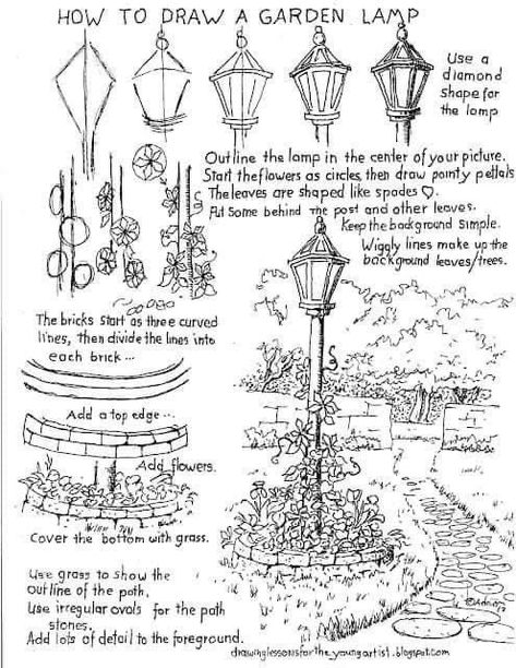 Landscape Art Lessons, Garden Lamp Post, Architecture Drawing Sketchbooks, Perspective Drawing Architecture, Canvas For Beginners, Garden Lamp, Garden Drawing, Perspective Art, Architecture Drawing Art