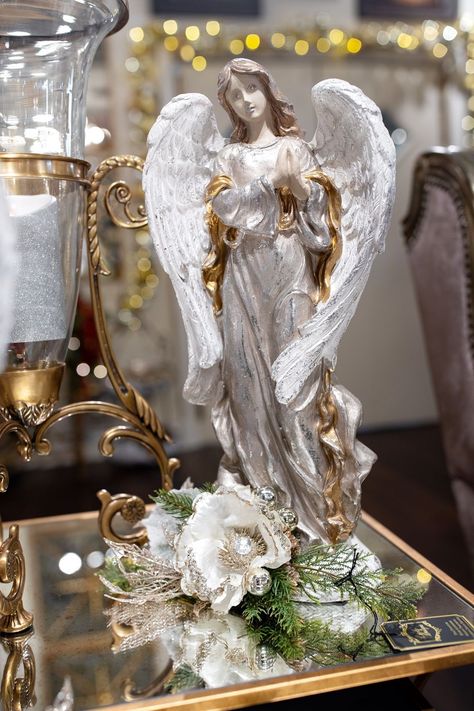 White Christmas Angel Decorated with a Custom Silk Flower Arrangement Luxury Designer Holiday Decor and Decorating Ideas Angel Collection Display Ideas, Angel Display Ideas, Christmas Deocr, Angel Magic, Angel Decorations, Babby Shower, Christmas Angel Decorations, Luxurious Christmas, Angels Christmas