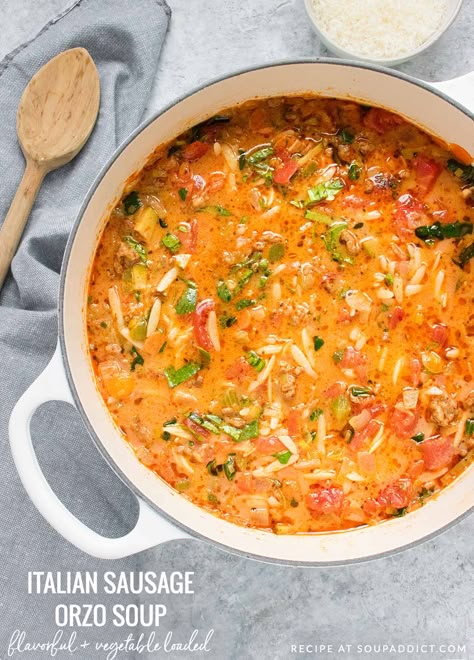 Salt And Lavender Italian Sausage Orzo Soup, Italian Sausage Tomato Orzo Soup, Italian Sausage And Orzo Soup, Risotto Soup Recipes, Soup With Pasta In It, Sausage Orzo Soup Recipes, Sausage And Orzo Soup, Orzo Sausage Soup, Creamy Orzo Soup