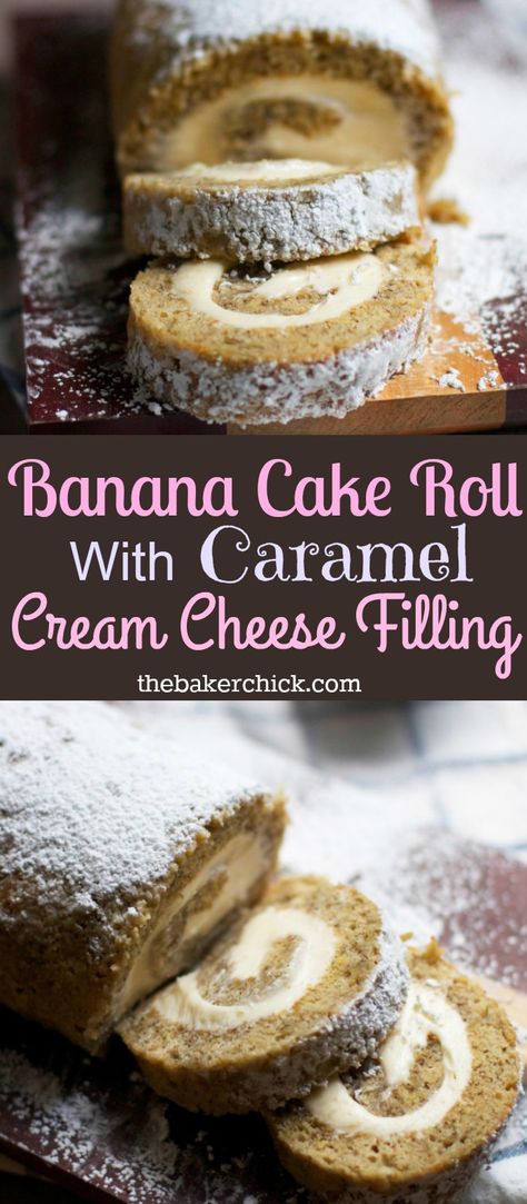 Banana Cake Roll With Caramel Cream Cheese Filling                                                                                                                                                                                 More Banana Cake Roll With Cream Cheese Filling, Caramel Banana Cake Roll, Banana Roll With Cheesecake Filling, Banana Bread Cake Roll, Apple Cake Roll Recipes, Banana Swiss Roll, Banana Roll Recipe, Banana Nut Roll, Snickers Roll Cake