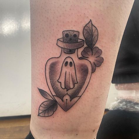 Wee ghost in bottle for Niamh 👻✨ From my small spooky repeatable flash designs 🖤 Thank you so much Niamh! ✨ . . . #ghosttattoo #spookytattoo #spookytattoos #witchytattoo #femaletattooist #cutetattoos Ghost Of You Tattoo, Small Black And Grey Tattoos, Ghost In Bottle, Spooky Flash, Flash Designs, Ghost Tattoo, Ghost Of You, Spooky Tattoos, Flash Design