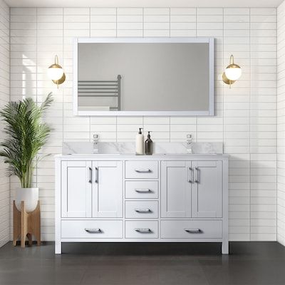 Lexora Jacques 60-in White Undermount Double Sink Bathroom Vanity with White Carrara Marble Top in the Bathroom Vanities with Tops department at Lowes.com Sleek Bathroom, Double Bath, Countertop Surfaces, Under Sink Storage, Contemporary Cabinets, Bath Cabinets, Bathroom Vanity Base, White Quartz Countertop, Double Sink Vanity