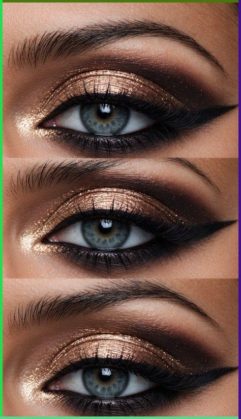 Looking for Smoky Eye Makeup Ideas? These styles inspire bold choices and artistic experimentation. Eye Makeup Smoky Eyes, Black And Gold Makeup, Gold Smoky Eye, Warm Smokey Eye, Glam Rock Makeup, Golden Smokey Eye, Winter Eye Makeup, Makeup For Hooded Eyes, Make Eyes Pop