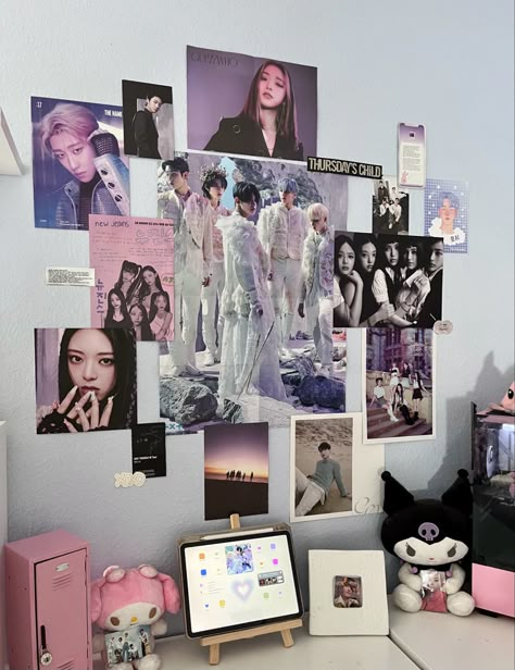 Kpop Wall Room Ideas, Kpop Style Bedroom, Poster Layout Design On Wall, K Pop Rooms Ideas, Kpop Posters Room Decor, Kpop Photo Collage Wall, K Pop Wall Collage, K Pop Room Inspiration, Room With Kpop Posters