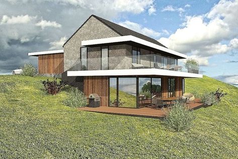 House On Uneven Land, Slope Design Architecture, House Built Into Hillside, Houses On Slopes, Slope House Design, House On Slope, Sloping Lot House Plan, Mountain Home Exterior, Slope House