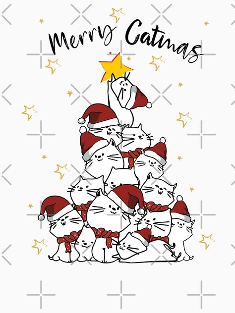 Cat Christmas Illustration, Merry Christmas Cats, Cat Dog Cartoon, Red Background Christmas, Illustration Rabbit, Christmas Tree Cat, Cat Christmas Cards, Merry Catmas, Merry Christmas Cat