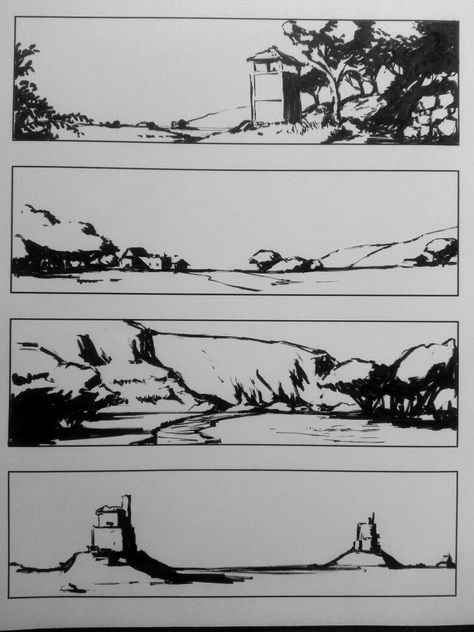 Ink Scenery Drawing, Ink Sketch Landscape, Brush Pen Ink Drawing, Black Brush Pen Drawing, Ink Brush Pen Art, Pen And Ink Landscape Drawings, Notan Landscape, Brush Ink Drawing, Fineliner Landscape