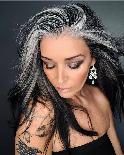 Dark Hair Color With Grey Highlights, Silver Fox Hair Women, Grey On Top Dark On Bottom Hair, Natural Salt And Pepper Hair Women, Hair Color Ideas To Blend Grey Hair, Grey Blending For Dark Hair, Growing Out Gray Hair Blending, Grey Hair Blending, Salt And Pepper Hair Color