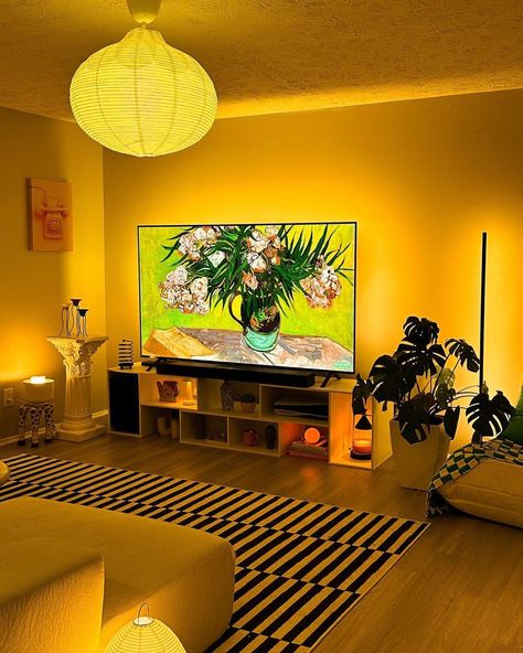 Hai Trinh (@haikettua_atl) • Instagram photos and videos Cool Living Room Ideas For Men, Different Apartment Styles, Lofi Aesthetic Apartment, Lamp Next To Tv, Builder Grade Living Room, Renter Friendly Living Room, Living Room With Lights, Modern White Apartment, Cool Living Room Ideas