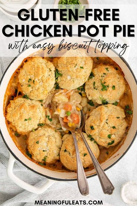 A white ceramic pot holding chicken pot pie with shredded chicken, peas, carrots, creamy sauce, and a fluffy biscuit topping. Gluten Free Pot Pie, Dairy Free Chicken Pot Pie, Gluten Free Chicken Pot Pie, Biscuit Chicken Pot Pie, Meaningful Eats, Chicken Pot Pie Filling, Chicken Pot Pie Recipe, Pot Pie Filling, Pot Pie Soup