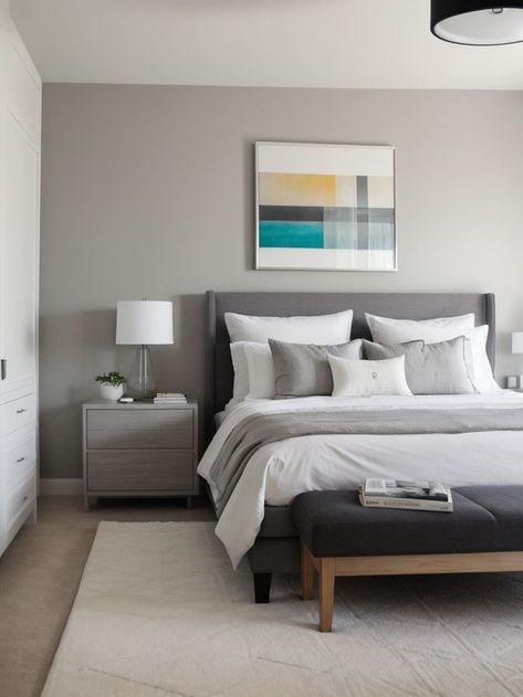 Men’s Bedroom Paint Colors, Grey Bed White Walls, Light Grey Accent Wall Bedroom, Light Grey Accent Wall, Grey Feature Wall Bedroom, Grey Wall Bedroom, Zodiac Bedroom, Grey Accent Wall Living Room, Wood And Terracotta