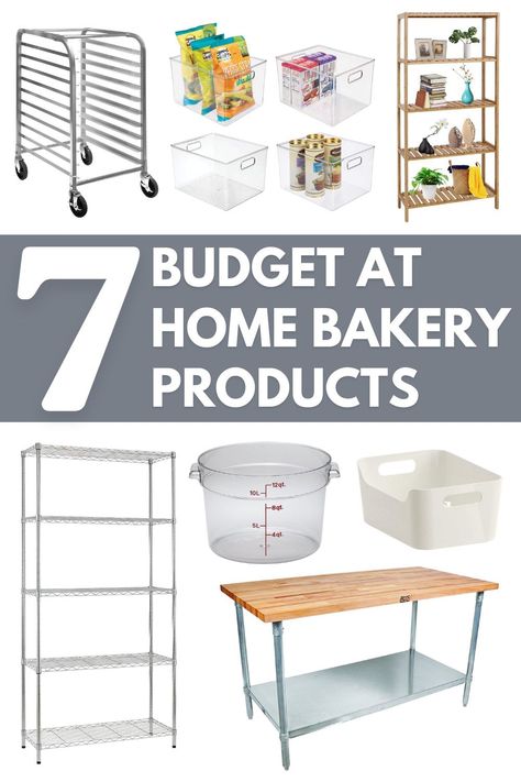 If you're starting an at home bakery business then check out this supply list to get your business open fast! This list has the tools and products to help organize and design your kitchen workspace, plan how to stock your supplies, and give you ideas for how you can layout your own kitchen. Get tips from an experienced cottage bakery who has found a way to make money while being at home. Visit AlchemyBread.com for design inspiration, how to DIY opening your own business, even lessons on baking! What Do You Need To Open A Bakery, Home Bakery Workspace, Small Bakery Kitchen Ideas, Garage Bakery Ideas, Home Bakery Decor, Backyard Bakery Shed, Cake Business Ideas Products, Small Business Kitchen Ideas, Home Based Bakery Kitchen