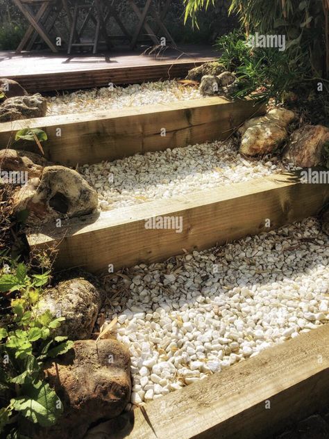 Gravel Steps, Sleeper Steps, Sleepers In Garden, Iron Pergola, Gravel Pathway, White Gravel, Gravel Path, Garden Paving, Paved Patio