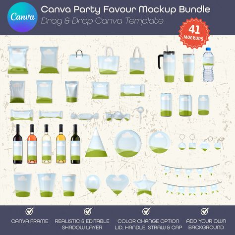 Party Favor Bundle, Party Favor Templates, Kids Party Favors, Chip Bags, Party Mockups, Candy Mockup, Can Mockup, Bottle Mockup, Sublimation von LimuriMOCKUP auf Etsy Kids Party Favors, Can Mockup, Candy Wrappers, Chip Bags, Bottle Mockup, Tutorial Video, Wedding Basket, Design Store, Party Favor