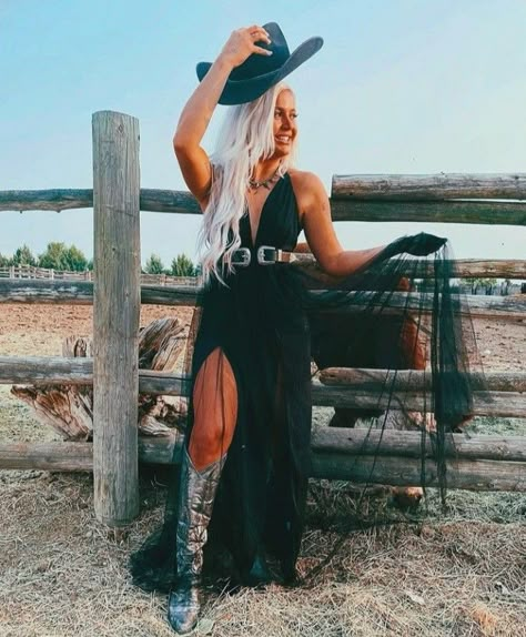 Prom Dress And Boots, Formal Dress With Cowboy Boots Long, Cowgirl Homecoming Outfit, Hot Cowgirl Outfit Party, Western Prom Dresses Country Cowboy Boots, Western Jumpsuit Outfit For Wedding, Cute Cowgirl Dress Outfits, Cowgirl Prom Outfits, Black Western Prom Dress