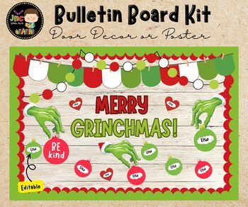 Grinch Classroom Bulletin Board, Christmas Doors For School Contest, Grinch Class Door, Grinch Library Bulletin Boards, Christmas Birthday Board Daycare, Grinch Board Ideas, Grinch Christmas Decorations Classroom, Grinch Classroom Door Decorations, Grinch Bulletin Board Ideas Christmas