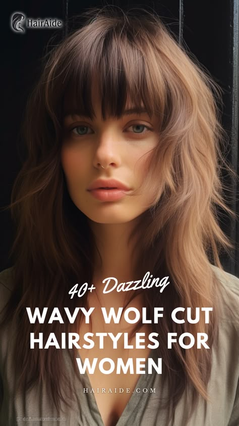 Wavy Wolf Cut With Bangs Wolf Haircut Medium Length Wavy, Wolf Shaggy Haircut, Wolf Mullet Haircut Long, Bangs And Shaggy Hair, Shaggy Bangs Wavy Hair, 2024 Shag Hairstyles, Shag Hairstyles Medium Long, How To Style Shaggy Bangs, Long Choppy Layers With Bangs