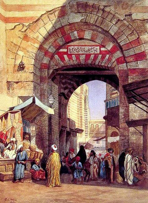 The Moorish Bazaar By Edwin Lord Weeks (1849 – 1903) American. It is actually a scene at an old Gate of Cairo ( Gate of Zwaila) Edwin Lord Weeks, Night Beautiful, City Scene, A4 Poster, Architectural Features, Andalusia, Vintage Artwork, Middle Eastern, Cairo