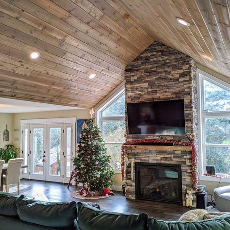 Transition From Vaulted To Flat Ceiling, Beach House Vaulted Ceiling, Wood Plank Cathedral Ceiling, Wood Ceiling Vaulted Living Room, Wood Ceilings Living Room Vaulted, Vaulted Ceiling Wood Planks, Ranch House With Vaulted Ceilings, Stained Vaulted Ceiling, Vaulted Cedar Ceiling Living Room