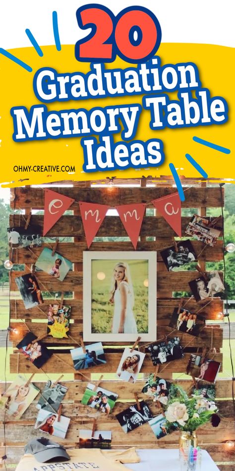 Create an unforgettable photo display these 20 graduation memory table ideas! From nostalgic photo displays to graduation memory tassel, these creative concepts will elevate your graduation party to a whole new level. Explore unique ways to showcase your journey and celebrate this significant milestone in style. Perfect for high school or college graduations, these memory table for a graduation party are sure to leave a lasting impression on your guests. Graduate Table Ideas, Graduation Blowout, Graduation Memory Table, Memory Table Ideas, Pallet Photo Display, Grad Party Table Display, Graduation Party Candy Bar, Graduation Party Appetizers, Graduation Photo Displays