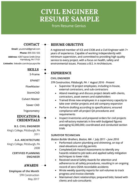 Civil Engineering Resume Example & Writing Guide | Resume Genius Civil Engineer Resume Templates, Civil Engineering Resume For Fresher, Civil Engineering Resume, Intern Resume, Civil Engineer Resume, Job Affirmations, Engineering Resume Templates, Homestead Layout, Internship Resume