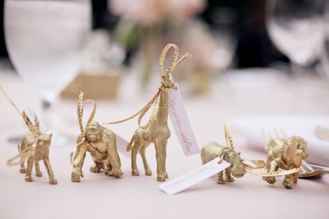 Place Markers, Safari Wedding, Zoo Theme, Zoo Wedding, Pink And Gold Wedding, Party Table Settings, All That Glitters Is Gold, Gold Animals, Gold Spray Paint