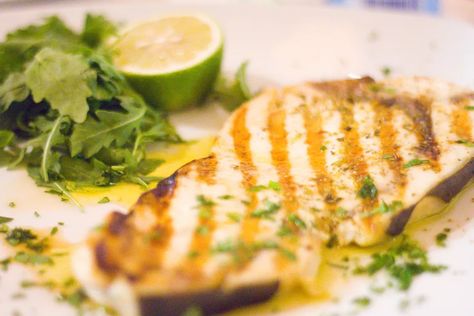 Grilled Ginger-Lime Swordfish Recipe Red Sea Bass Recipes, Grilled Sea Bass Fillet Recipes, Grilled Sea Bass Recipes, Swordfish Dinner, Bass Recipes, Grilled Catfish, Bass Recipe, Sea Bass Recipes, Swordfish Steak