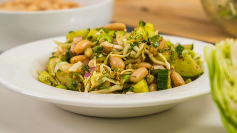 Edamame White Bean Salad with Asian Style Dressing Dense Bean Salad Recipes, Crispy Rice Salad, Asian Salads, East Coast Kitchen, Bean Salads, Gluten Free Party Food, Coast Kitchen, Rice Salad Recipes, Marinated Cucumbers