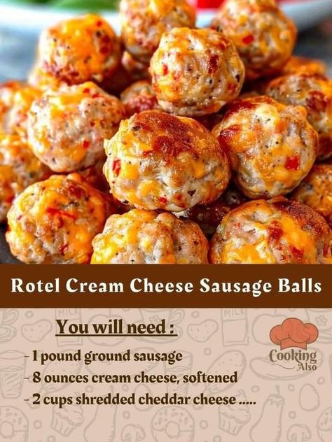 RACHAEL RAY | Rotel Cream Cheese Sausage Balls | Facebook Cheese Sausage Balls, Cream Cheese Sausage, Cream Cheese Sausage Balls, Sausage Balls Recipe, Cream Cheese Ball, Hot Sausage, Sausage Balls, Ground Sausage, Cheese Ball Recipes