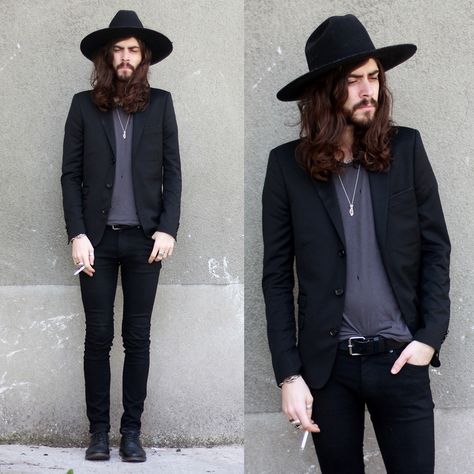 Tony Stone, Hipster Mens Fashion, The Kooples, Outfits With Hats, Mode Inspo, Long Hair Styles Men, Brim Hat, Mens Street Style, Black Jacket