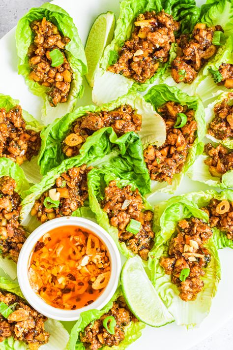 Chicken Lettuce Cups Lettuce Cups Recipe, Lettuce Cups Chicken, Thai Lettuce Cups, Thai Ground Chicken Lettuce Wraps, Thai Chicken Lettuce Wraps Healthy, Chicken Lettuce Cups Asian, Asian Lettuce Cups, Chicken Lettuce Cups, Pan Fried Dumplings