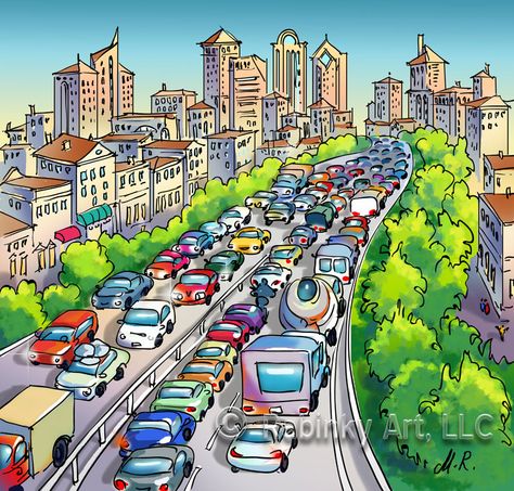 traffic jam Busy Street Drawing, Traffic Jam Drawing, Traffic Jam Illustration, Traffic Drawing, Traffic Painting, Situation Drawing, Traffic Illustration, Town Sketch, Jam Drawing