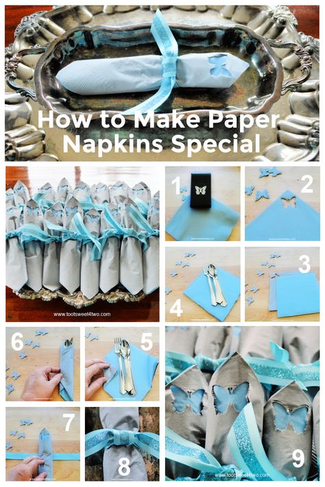 Are you having a party or a special event, such as a wedding, and just haven't been able to find the right paper napkins for your party's theme? Here’s an idea - make paper napkins special with a craft paper punch! When you can't find the right party paper napkins that fit your party theme, try this simple napkin folding project by making your own paper napkins special using crafting paper punches. Includes a step-by-step tutorial on how to fold paper napkins around your plastic utensils. How To Wrap Forks In Paper Napkins, Folding Paper Napkins For Party, Fold Paper Napkins With Silverware, Napkin Silverware Folding Ideas, Folding Paper Napkins With Silverware, Paper Napkin Folding Ideas Wedding, Wrapping Silverware In Paper Napkins, How To Fold A Paper Napkin With Utensils, Napkin Rolled Silverware Party Ideas