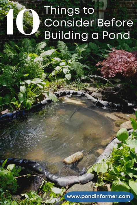 Guide to building a backyard pond, with 10 things to consider such as legal permits & regulations, location, and materials! Easy Backyard Pond, Stream Pond Ideas, Home Pond Ideas Backyards, Small Pond With Waterfall Ideas, How To Build A Pond Waterfall, Backyard Streams And Ponds, Building A Backyard Pond, Creating A Pond, Diy Backyard Pond And Waterfalls