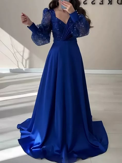 A-Line Evening Gown Sparkle & Shine Black Dress Formal Fall Sweep / Brush Train Long Sleeve V Neck Satin with Glitter Pleats Strappy 2023 2023 - US $138.99 Straight Wedding Dresses, Easy Dress, Fancy Dresses Long, Dresses Formal Elegant, Black Dress Formal, Evening Gowns Elegant, فستان سهرة, Royal Blue Dresses, Dress Sewing