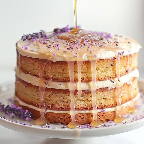 Photo lavender honey cake with lavenderi... | Premium Photo #Freepik #photo Honey Lavender Cake Recipe, Lavender Buttercream Cake, Lavender And Honey Wedding, Honey Lavender Cake, Lavender Honey Cake, Lavender Cake Recipe, Lemon Lavender Cake, Chai Cake, Honey Drizzle