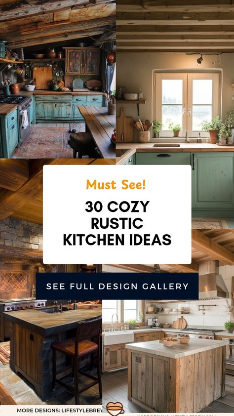 Transform your culinary space into a dream retreat with these 30 rustic kitchen ideas that prioritize charm and practicality. Explore beautiful wooden cabinets, farm-style tables, and cozy accessories that create a warm atmosphere. From earthy color palettes to vintage decor, you'll find inspiration to incorporate terracotta pots, reclaimed wood, and stylish fixtures into your home design. Discover ways to cozy up your kitchen while adding a modern touch—perfect for dinners and gatherings. This list celebrates welcoming designs that exude timeless appeal. Kitchen Ideas Western, Rustic Boho Kitchen Ideas, Rustic Kitchen Design Inspiration, Rustic Island Kitchen, Theme Kitchen Ideas, Small Rustic Kitchen Ideas, Santa Fe Style Kitchen, Distressed Kitchen Island, Rustic Wood Kitchen Cabinets