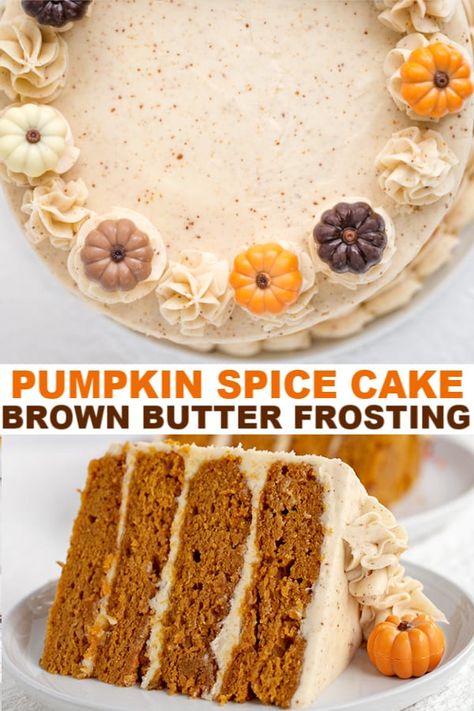 Fun Fall Cake Ideas, Spice Cake Icing, Thanksgiving Cakes Easy, Cute Fall Cakes, Cake Recipes Fall, Fall Cake Flavors, Pumpkin Icing, Fall Cake Ideas, Cake With Brown Butter Frosting