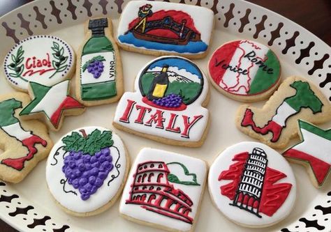 italy Engagement Party Cookies, Italy Party, Cookie Recipes Decorating, Italian Bistro, Italian Theme, Cookie Craft, Cookie Connection, Baking Art, Themed Cookies